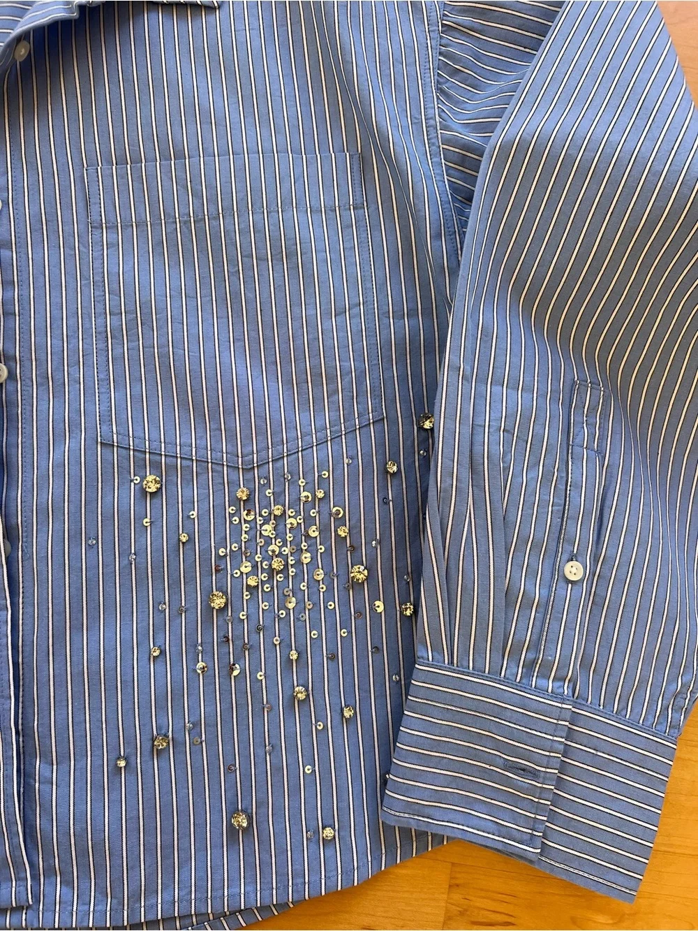 J. Crew Blue and White Pinstripe Embellished Button-Down Shirt
